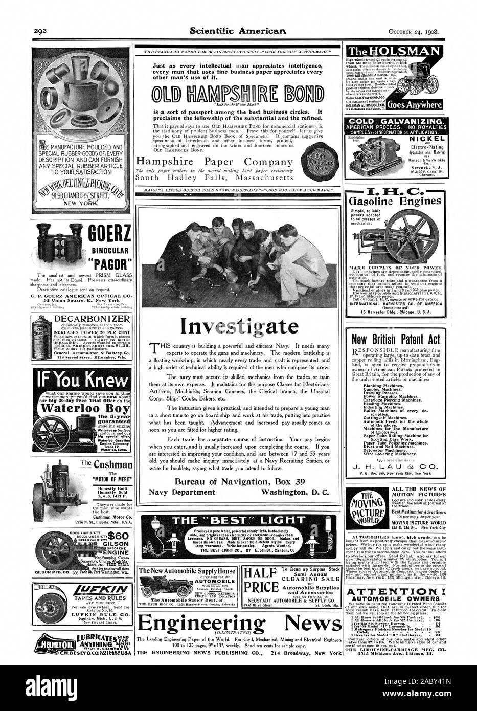 Washington D. C. produce un bianco di pare potente luce fissa è assolutamente sicuro e più brillanti di elettricità o acetilene-più conveniente che brucia il proprio gas. Realizzato in oltre 100 diversi stili. Ogni lampada garantito. Scrivere per il catalogo. Gli agenti volevano. La luce migliore CO. 87 E.5a San Cantone O. Il nuovo Automobile Casa alimentazione automobile per ripulire l'eccedenza delle scorte Semi di compensazione annuale vendita Automobile di materiali di consumo e accessori NEUSTADT AUTOMOBILE ALIMENTAZIONE lc CO. A METÀ PREZZO, Scientific American, 1908-10-24 Foto Stock