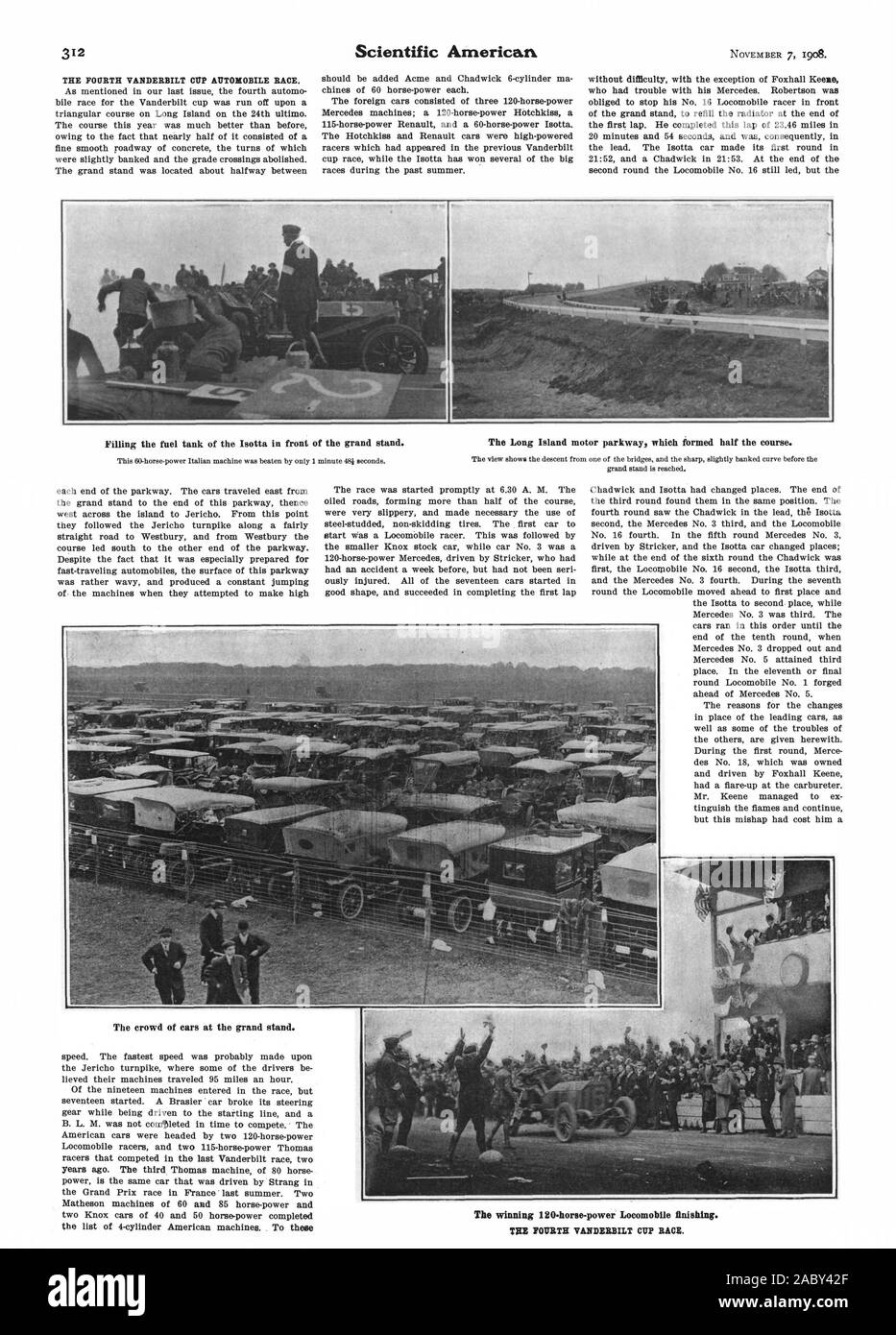 Il quarto VANDERBILT Cup gara automobilistica. Riempimento del serbatoio del carburante della Isotta di fronte al grand stand. Il Long Island motor parkway quale formato per metà corso. La folla di vetture al grand stand. due vetture Knox di 40 e 50 cavalli di potenza ha completato la vincita 120 cavalli di potenza Locomobile finitura. TEE QUARTO VA3DERBILT Cup gara., Scientific American, 1908-11-07 Foto Stock