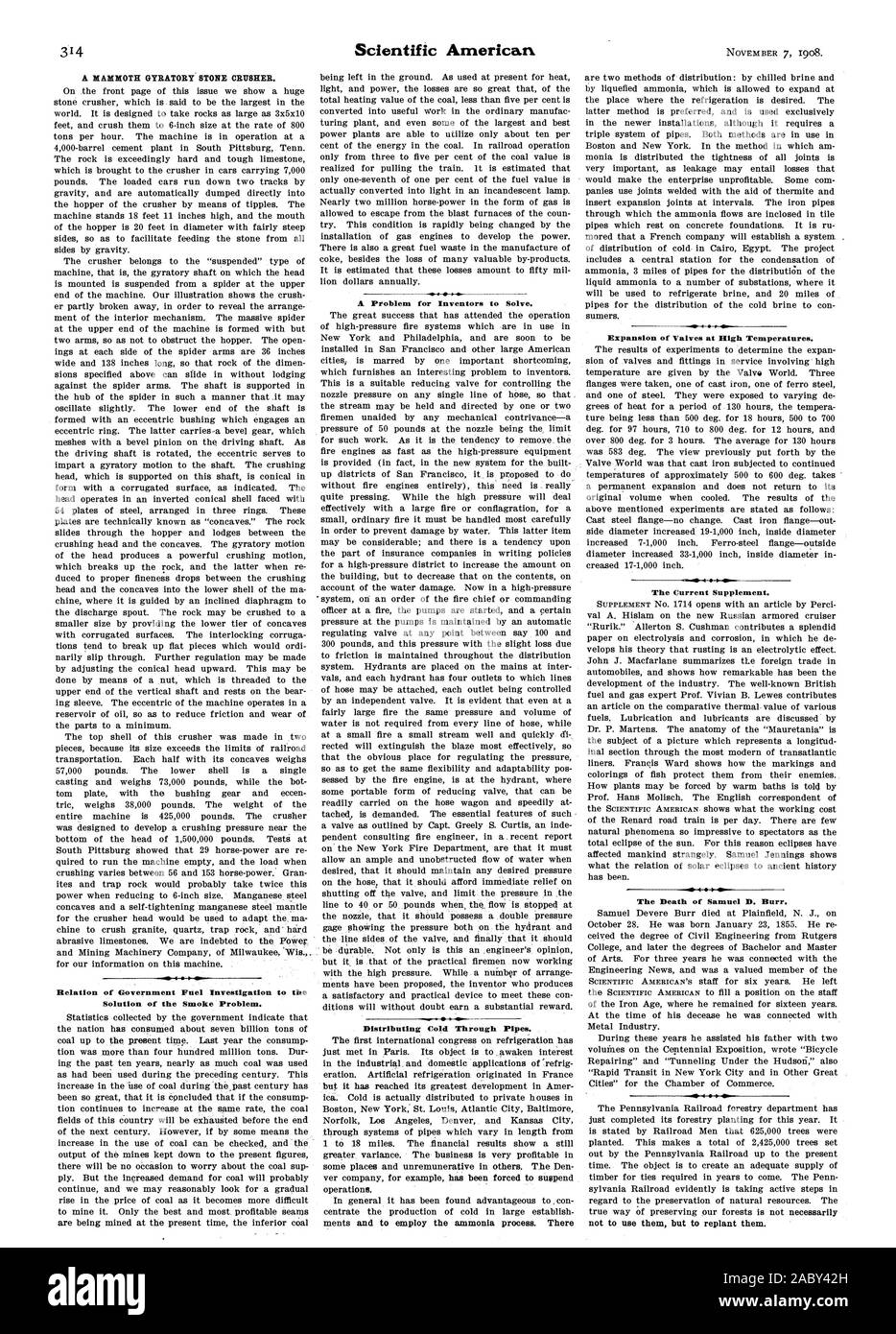 Relazione del governo Inchiesta del carburante per la soluzione del problema di fumo. Problema per gli inventori a risolvere. La distribuzione di freddo attraverso tubazioni. Espansione delle valvole ad alte temperature. V 4 P41 L'attuale supplemento. La morte di Samuel D. Burr., Scientific American, 1908-11-07 Foto Stock