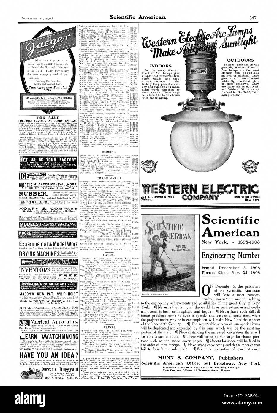 Forme vicino nov. 25. 1908 lucidi per metalli.-FORMULE FUR MUNN 6. Società Editori scientifici Ufficio americano 361 Broadway New York Western Office: 1009 New York Life Building Chicag New England Ufficio: 43 Tremont Street. Boston IN VENDITA FREEHOLD fabbrica a Derby Inghilterra disegni. Marchi commerciali. Etichette. Stampe. Motori Dorliss birrai e modelli di lavoro sperimentale. Stampo in gomma Makers macchinisti e costruttori di macchine asciugatrici libera Novità & brevettato articoli fabbricati da contratto. Punzoni per macchine speciali. E.KONIGSLOW STAMPING &TOOL WORKS. CLEVELAND 0. MASON È DI NUOVO PAT. Frustino paranco Foto Stock