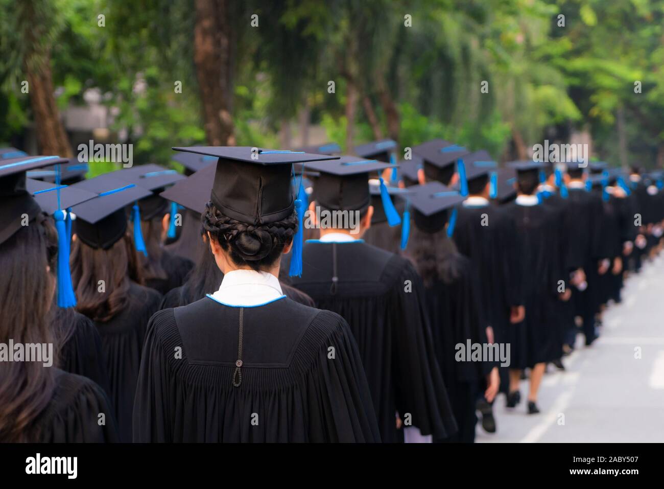 Vista posteriore del gruppo di laureati in abito nero linee fino ai gradi in università cerimonia di laurea. Concetto di istruzione congratulazioni, stu Foto Stock