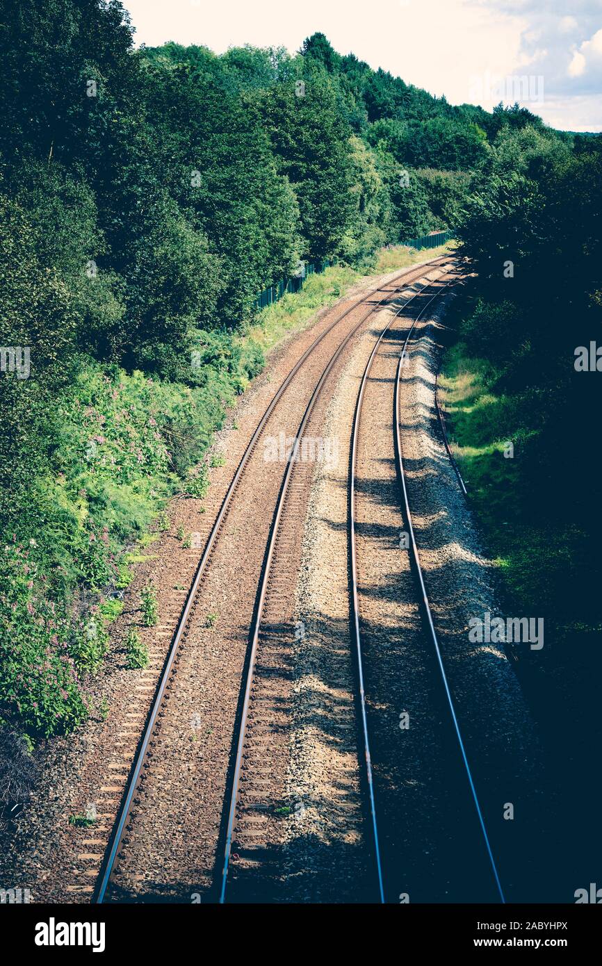 Le linee ferroviarie in esecuzione attraverso il paesaggio rurale con bosco su entrambi i lati. Inghilterra, Regno Unito Foto Stock