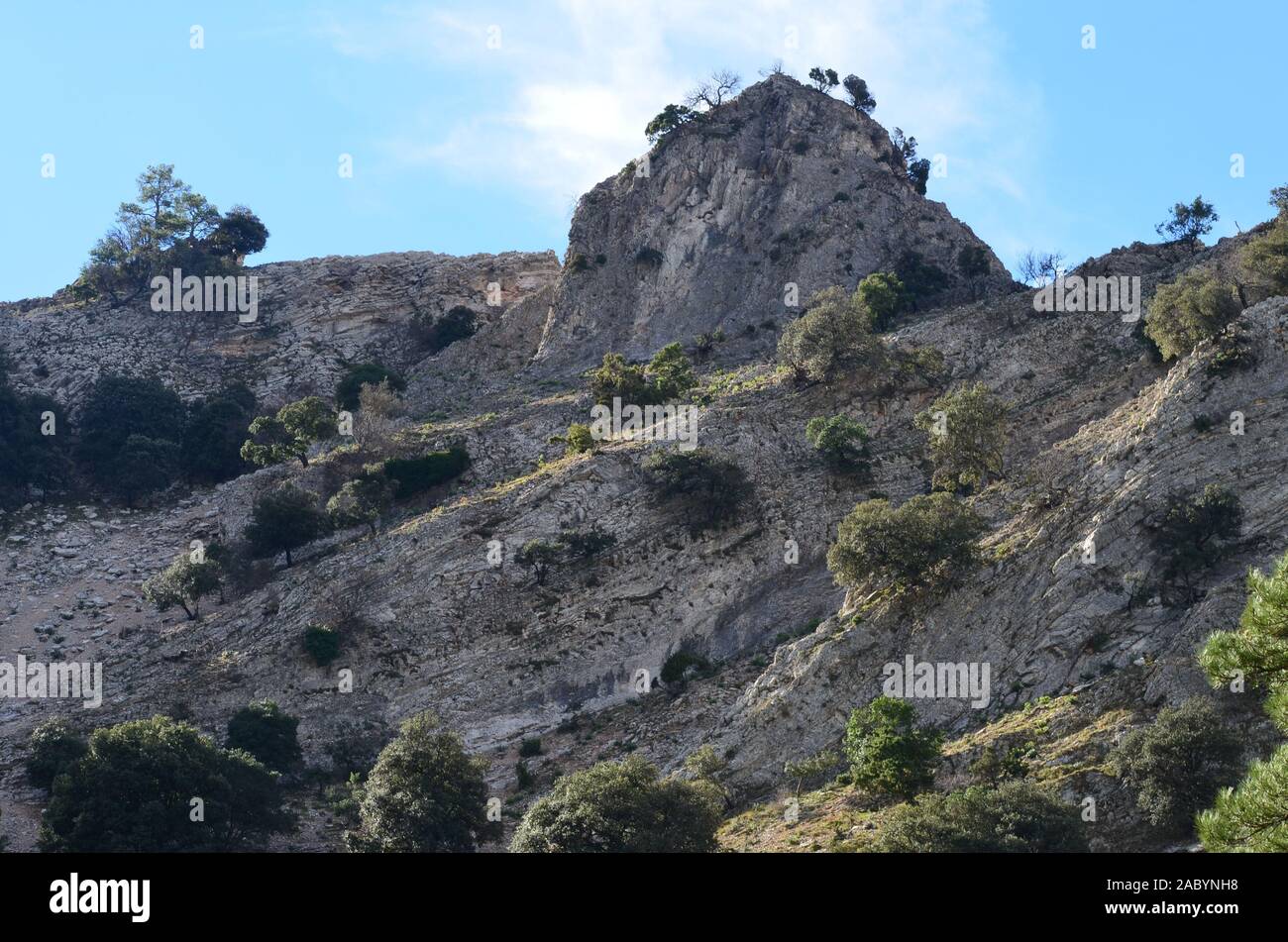 Formazioni geomorfologia di Els porte del Parco Naturale, un calcare massiccio montuoso al confine tra Aragona e Catalogna Foto Stock