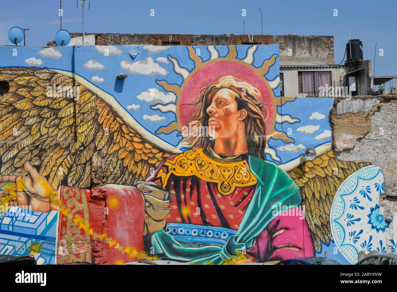 Wandmalerei, Barrio de Xanenetla, Puebla, Mexiko Foto Stock