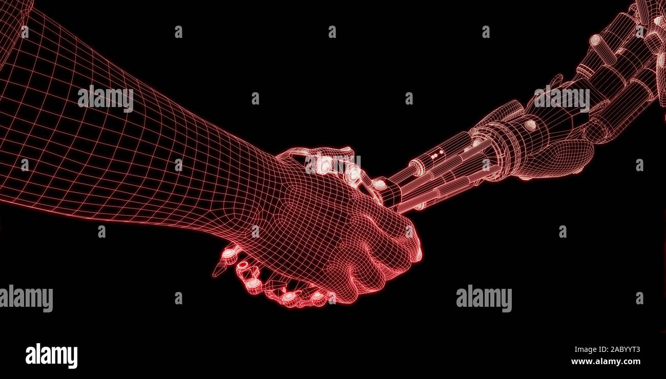 Partnership tecnologica con la stretta di mano tra robot e umani Foto Stock