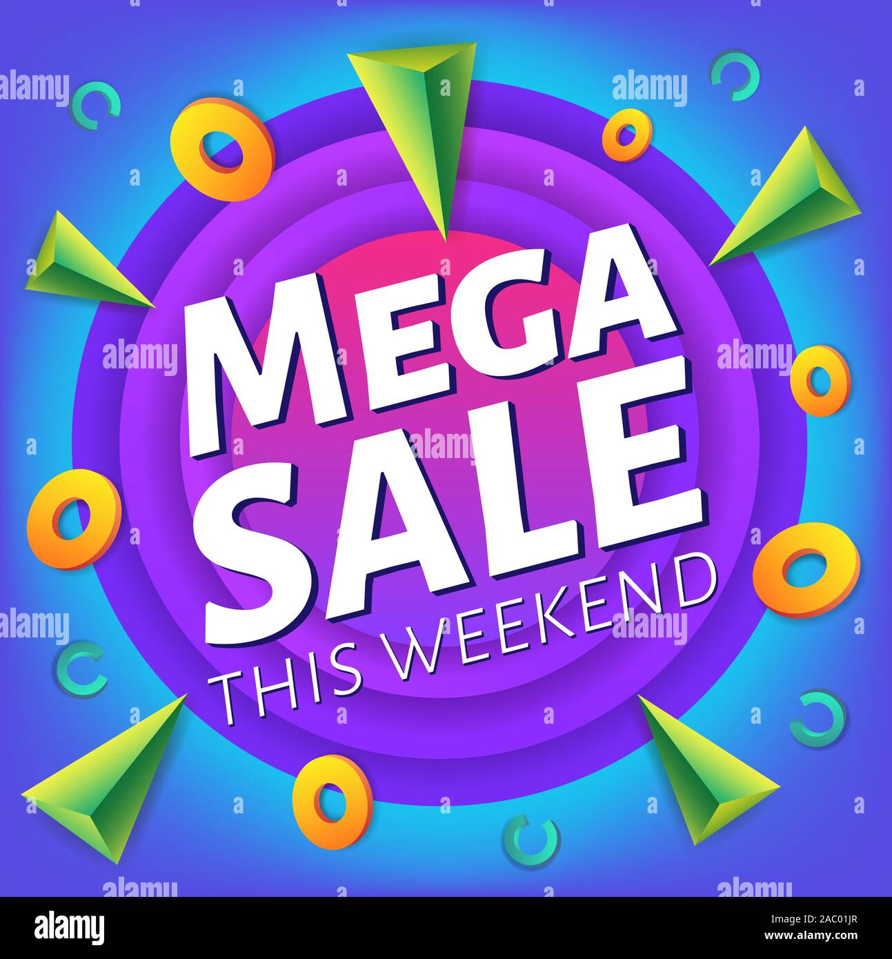Speciale week-end mega vendita di pubblicità banner web o poster, indicata sulla targhetta del modello colorato con elementi astratti, illustrazione vettoriale. Illustrazione Vettoriale