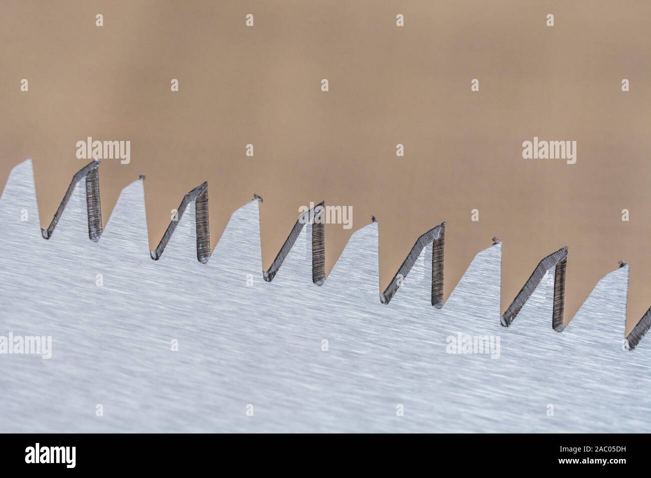 Macro Close-up shot dei denti di una lama corta giardino pieghevole sega di potatura. Metafora molto affilato, tagliente, denti taglienti in metallo. Foto Stock