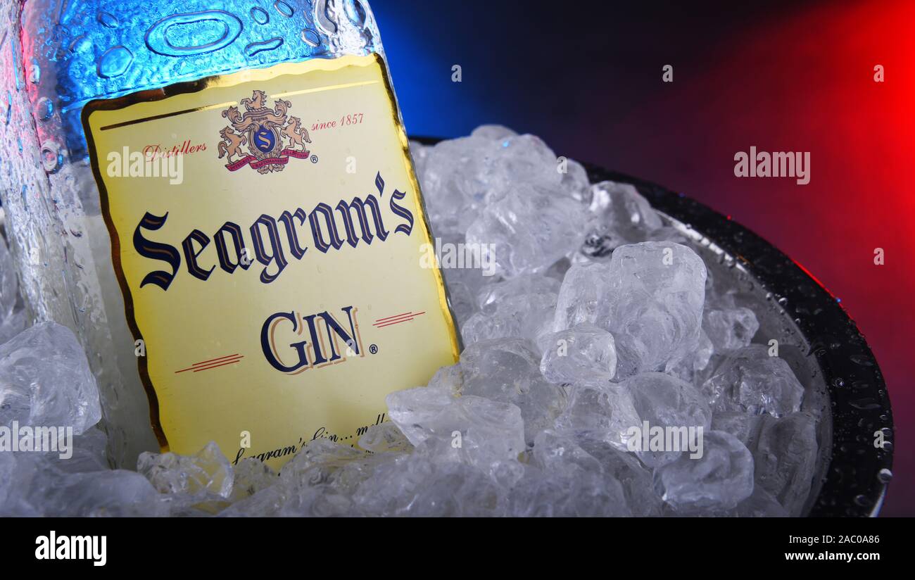 POZNAN, POL - Nov 21, 2019: Bottiglia di Seagrams Gin, il migliore di vendita gin in America, prodotte a partire dal 1939. Foto Stock