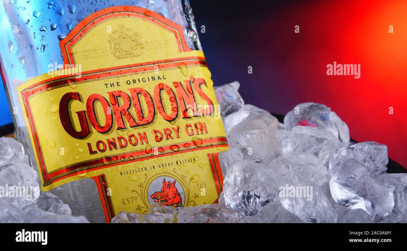 POZNAN, POL - Nov 21, 2019: Bottiglia di Gordon's London dry, una marca di migliori del mondo la vendita di London dry gin. È di proprietà della British spiriti comp Foto Stock