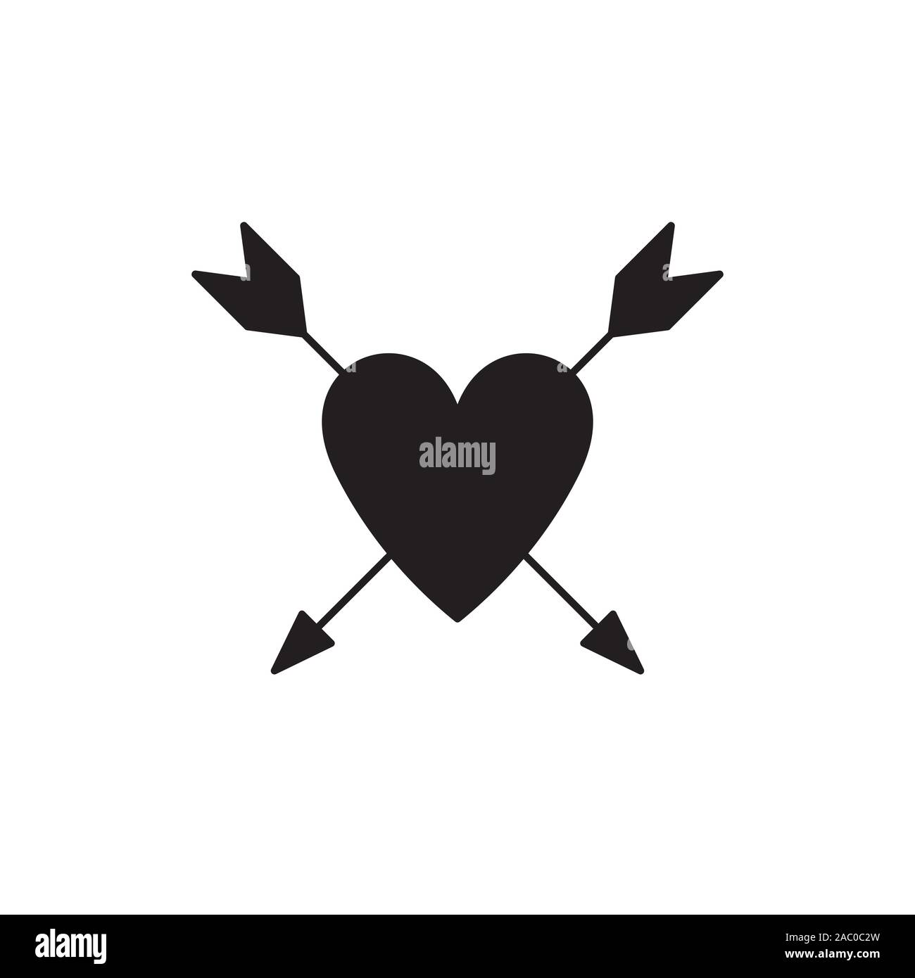 Cuore trafitto da un icona di frecce piatte. Simbolo nero illustrazione isolati su sfondo bianco. Elemento di romanticismo. Illustrazione Vettoriale, icona per amore, mer Illustrazione Vettoriale