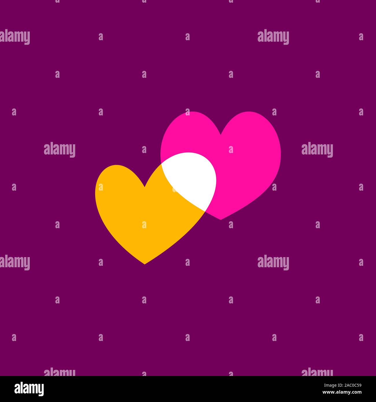 Icona di cuori isolati su sfondo viola. Romantica Icona cuore giallo e rosa. Simbolo d'amore. Felice il giorno di San Valentino di nozze e gli elementi di design. Semplice Illustrazione Vettoriale