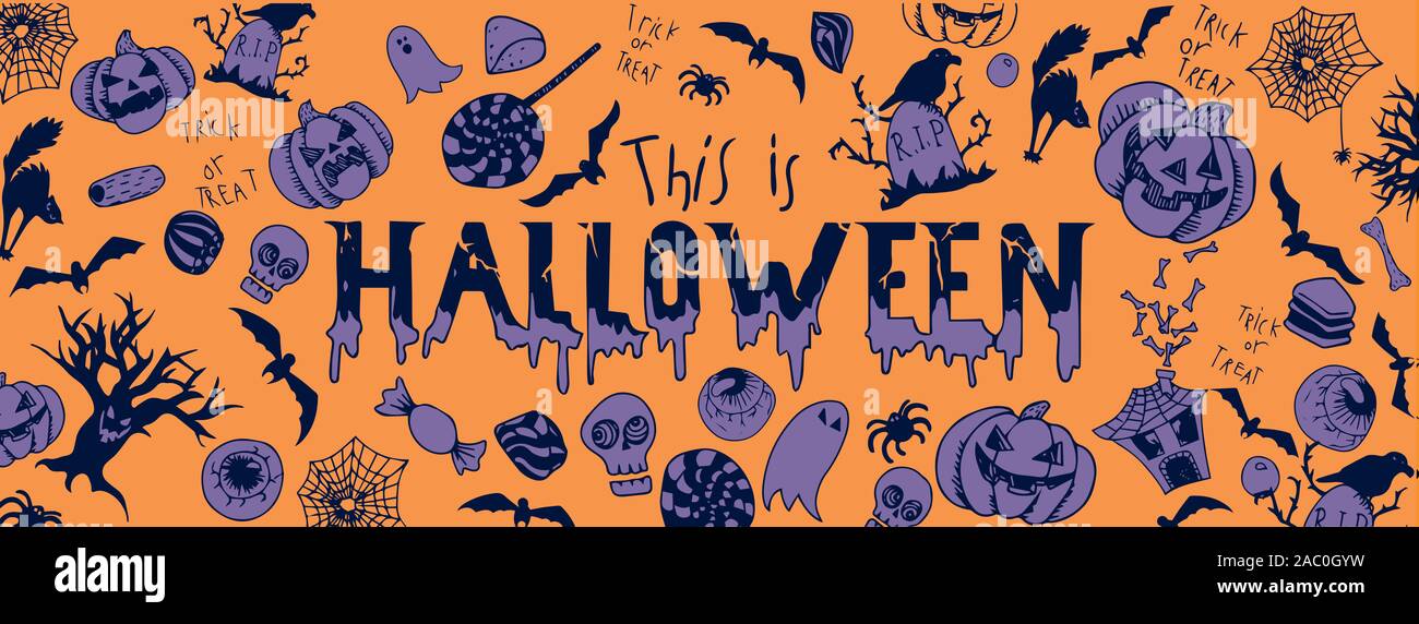 Halloween divertenti scarabocchi a colori illustrazioni banner di grandi dimensioni Foto Stock