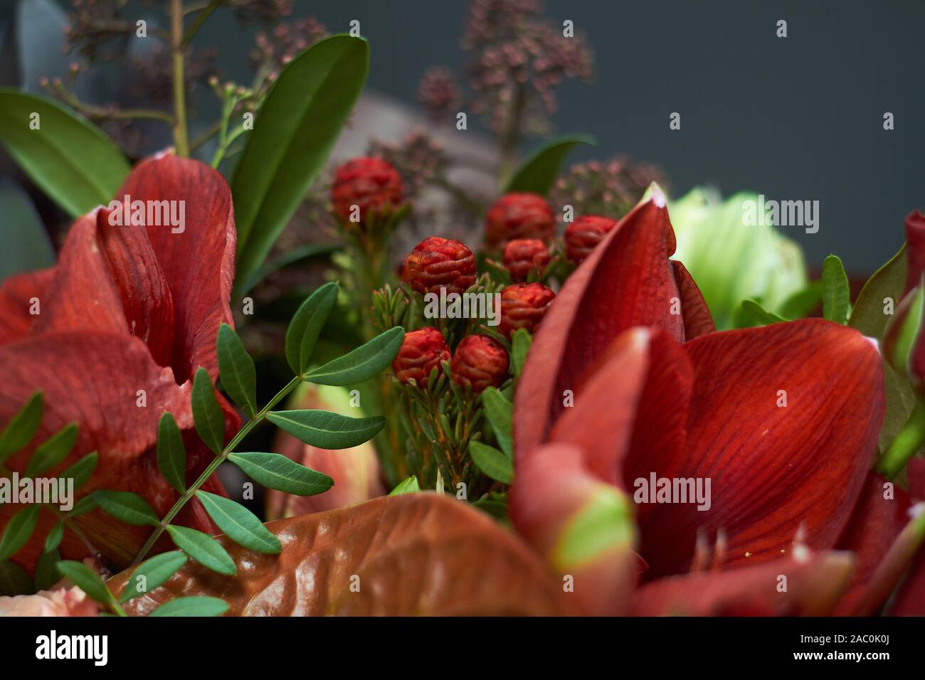 Dettaglio closeup elegante bouquet di autunno in rosso i colori in stile vintage su uno sfondo scuro, il fuoco selettivo Foto Stock