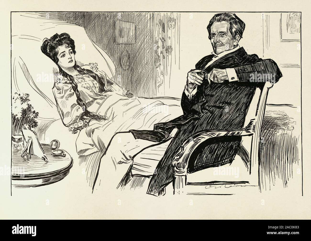 Una vedova e i suoi amici, Charles Dana Gibson. Lei decide di morire a dispetto del dottor bottiglie. 1901 Foto Stock