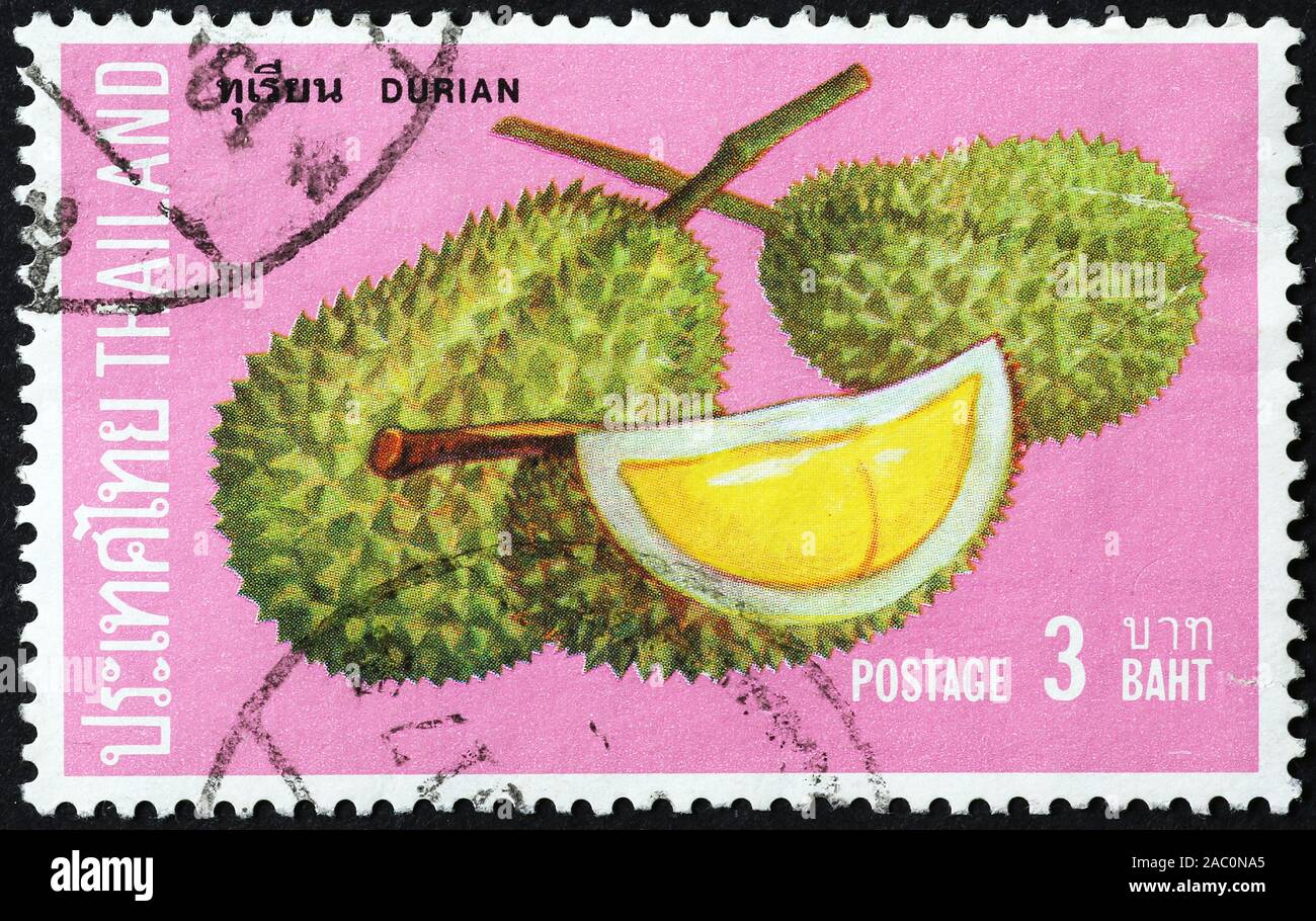 Frutta Durian su thai francobollo Foto Stock