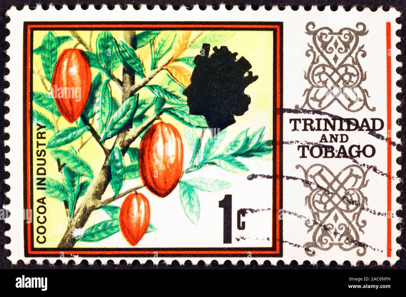 Cacao cialde sul francobollo di Trinidad & Tobago Foto Stock