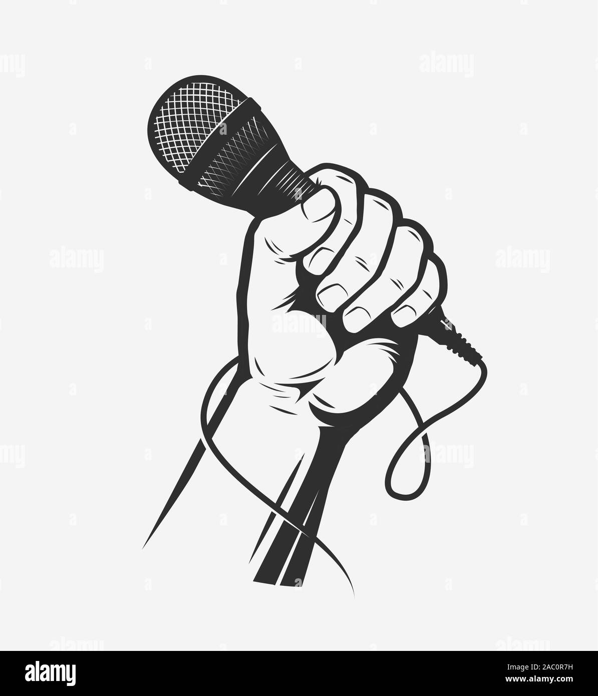 Microfono in mano. Canzone, illustrazione vettoriale karaoke Illustrazione Vettoriale