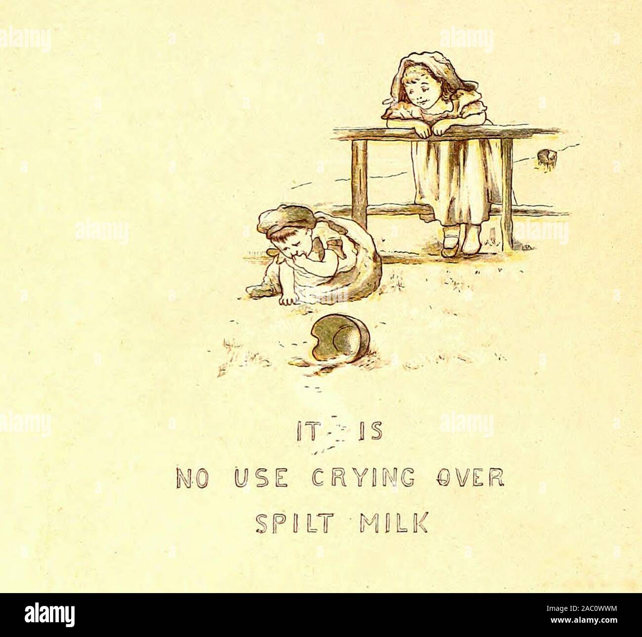 Non serve a nulla piangere sul latte versato - una vendemmia illustrazione di un antico proverbio Foto Stock