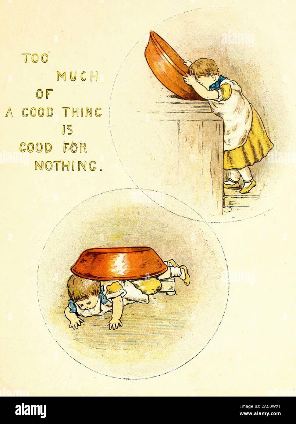 Troppa di buona cosa è buono a nulla - un vintage illustrazione di un antico proverbio Foto Stock