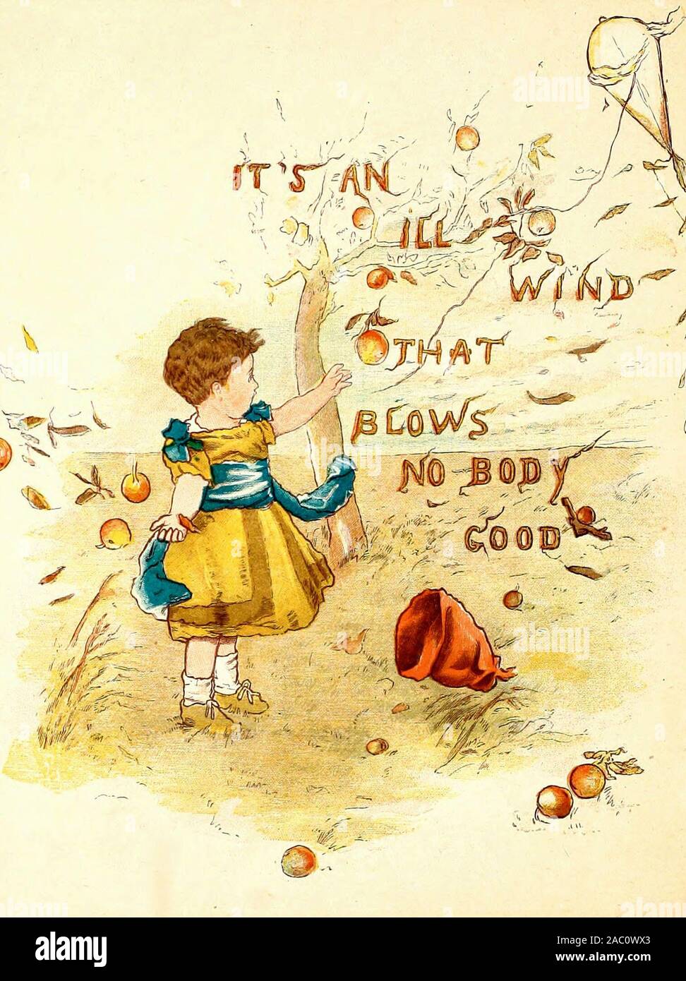 Si tratta di un malato vento che soffia nessun corpo buona - un vintage illustrazione di un antico proverbio Foto Stock