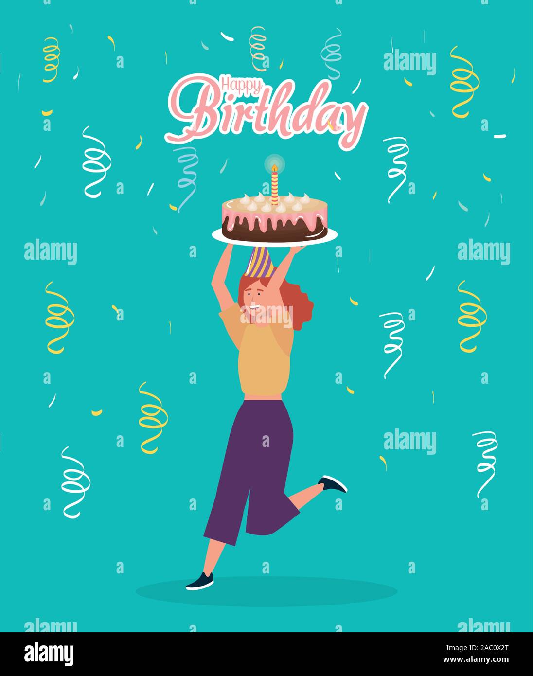 Buon compleanno, donna con torta coriandoli celebrazione festa-evento  decorazione illustrazione vettoriale Immagine e Vettoriale - Alamy