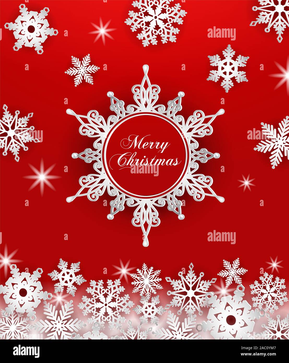 Auguri di Natale carta con i fiocchi di neve su sfondo rosso Foto Stock