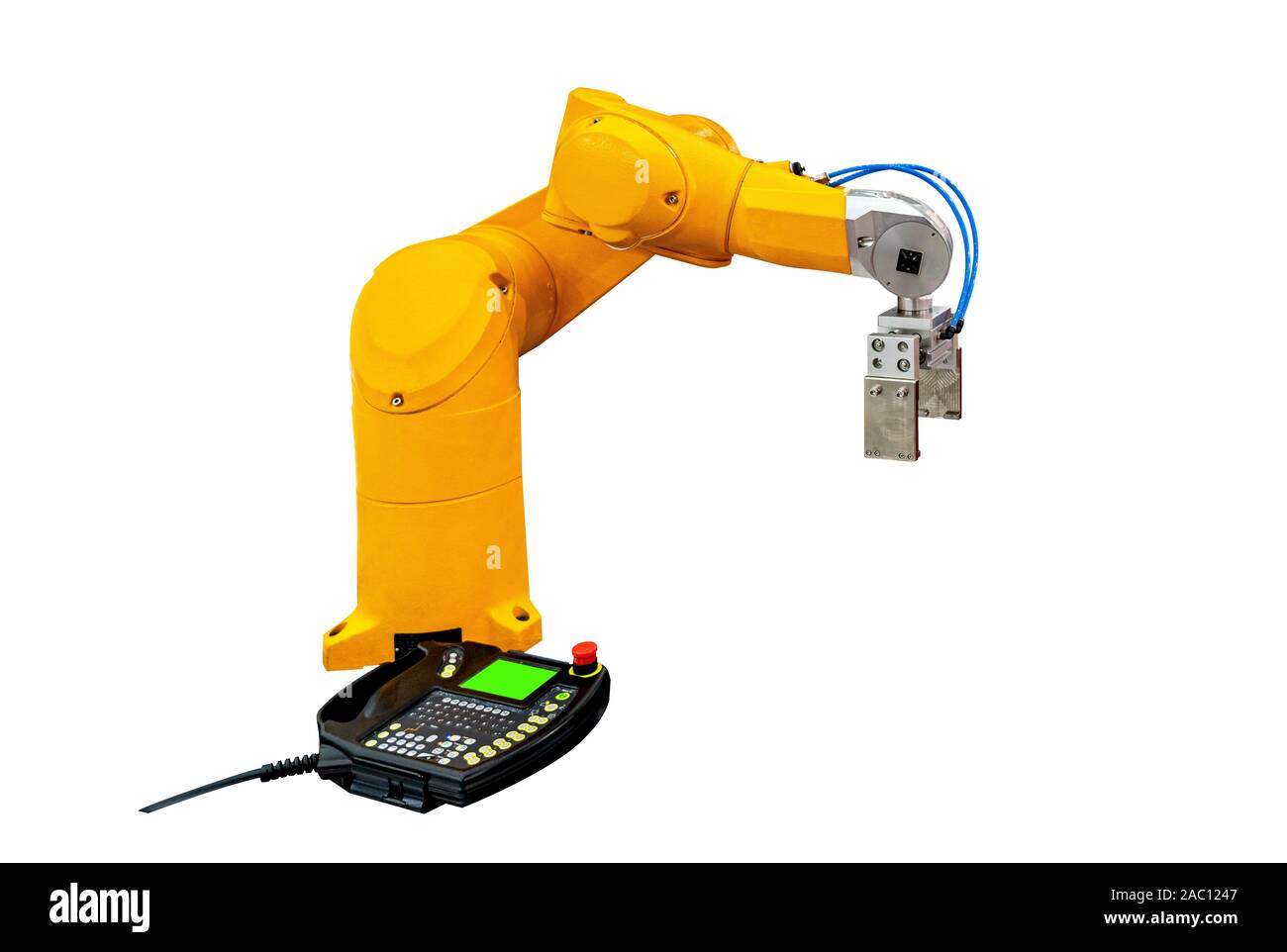 Isolate il braccio robot macchina per industria fabbricazione operazione su sfondo bianco. Foto Stock