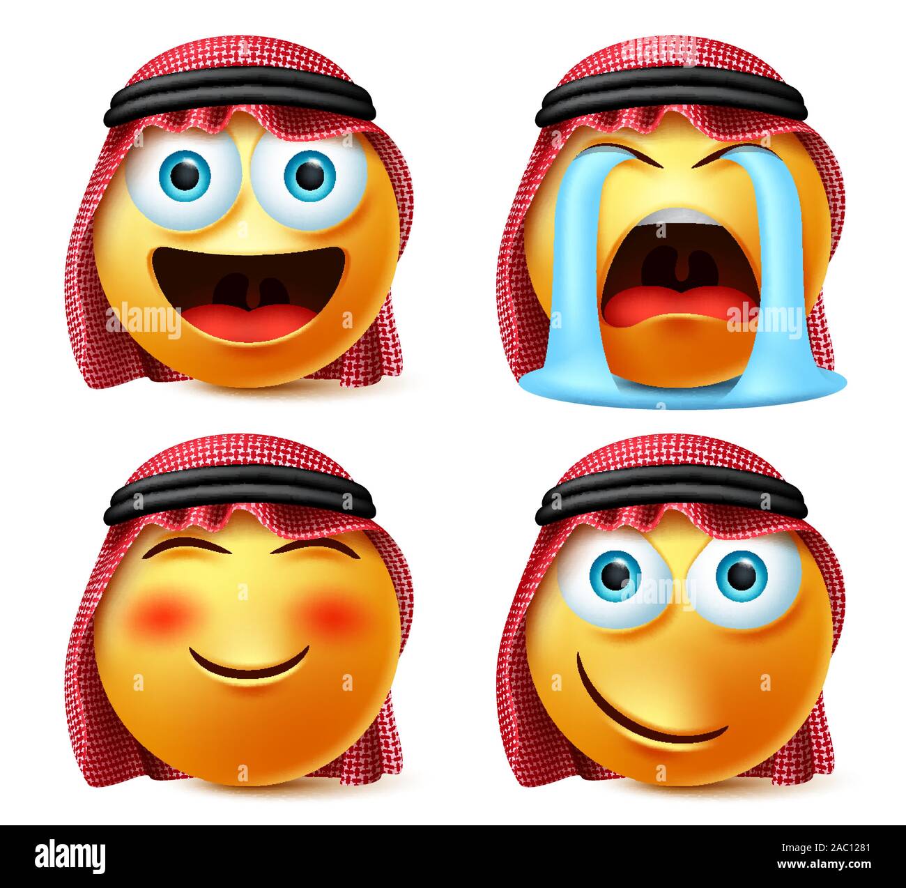 Arabo Saudita smileys vector set. Emojis emoticon e faccia capo della Saudi Arabian nel pianto con lacrime, blush, naughty espressione facciale isolato in bianco. Illustrazione Vettoriale