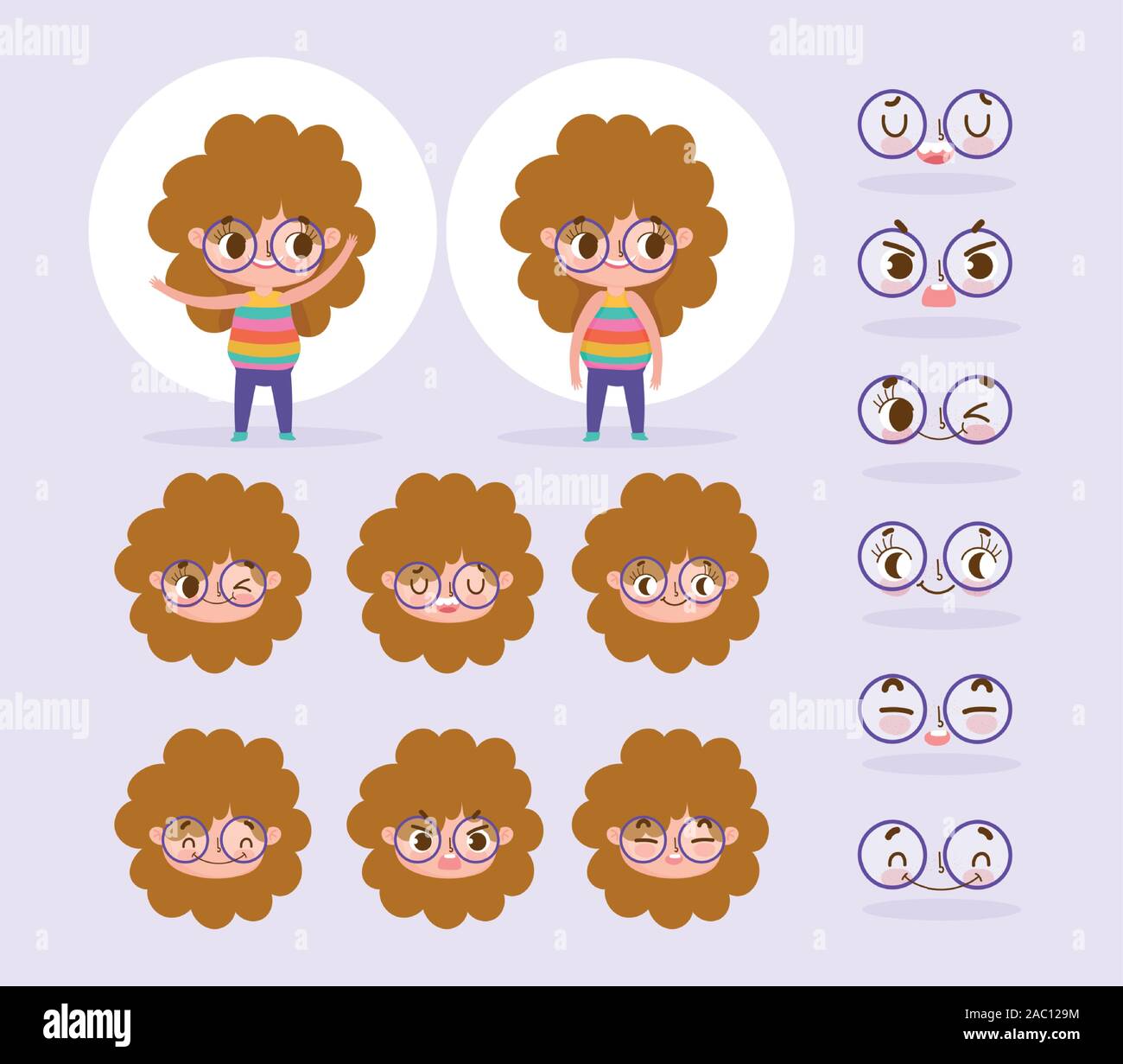 Personaggio dei fumetti animazione piccola ragazza capelli ricci con il cartoon volto emozioni e di gesti illustrazione vettoriale Illustrazione Vettoriale