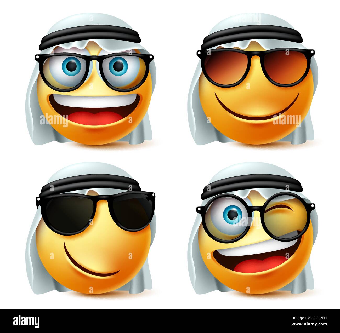 Smiley Arab arabia con vettore di occhiali set. Arabo Saudita emoticon indossando occhiali da sole, occhiali e ghutra in naughty, felice e sorridente. Illustrazione Vettoriale