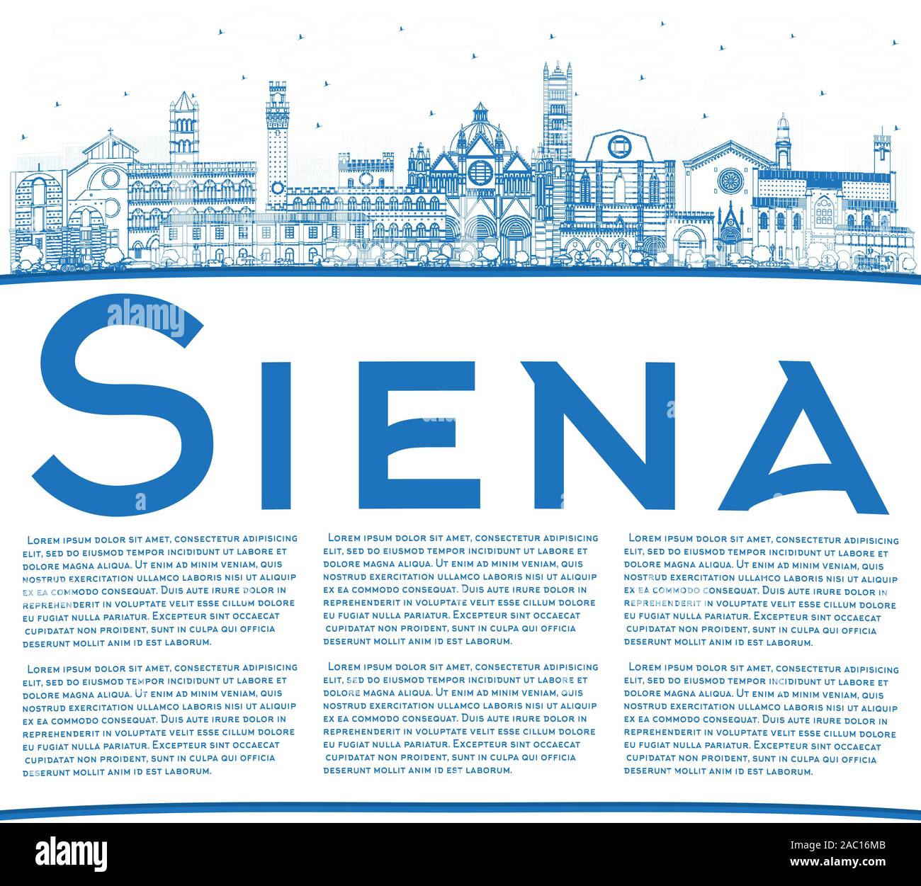 Profilo Siena Toscana Italia skyline della città con edifici blu e copia di spazio. Illustrazione Vettoriale. Illustrazione Vettoriale