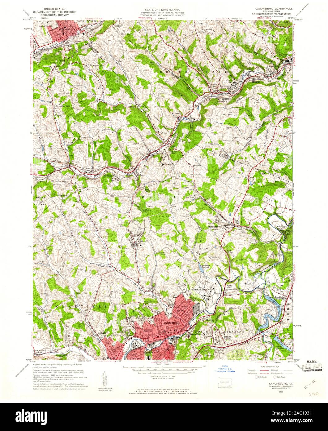 USGS TOPO Map Pennsylvania PA Canonsburg 172889 1960 24000 Restauro Foto Stock