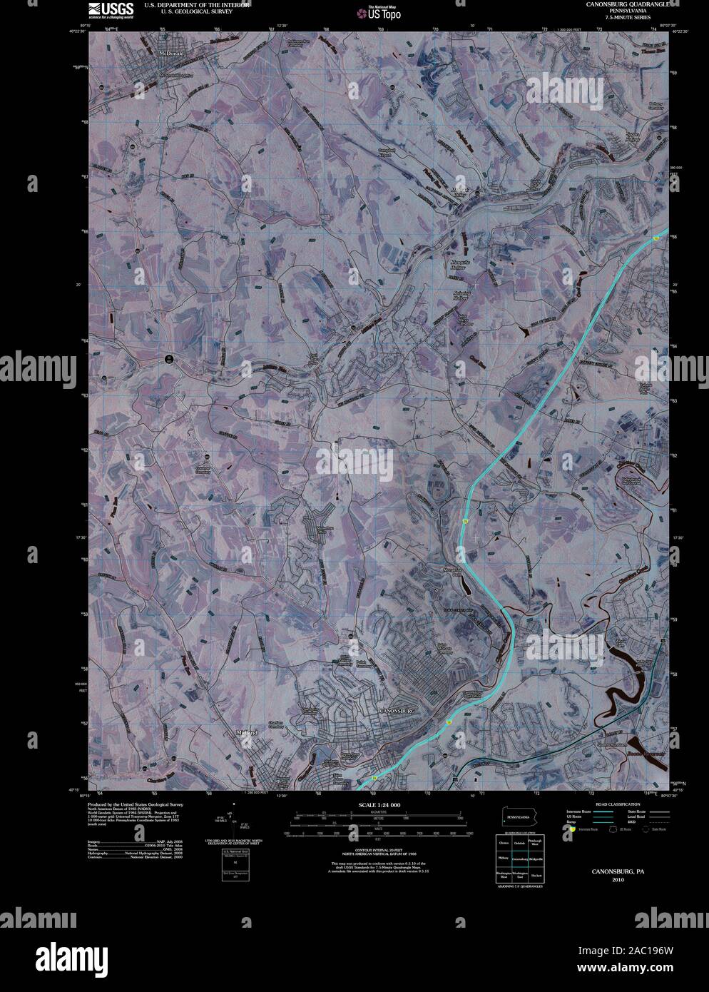 USGS TOPO Map Pennsylvania PA Canonsburg 20100601 TM restauro invertito Foto Stock