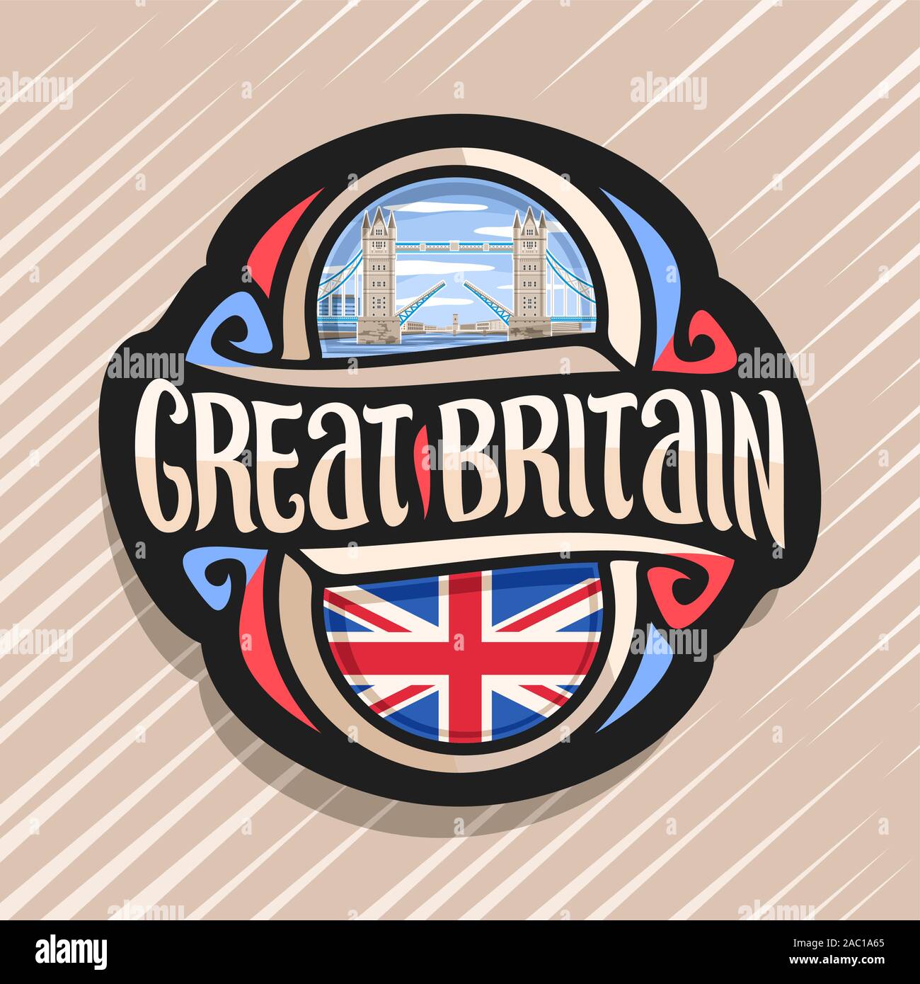 Il logo del vettore per la Gran Bretagna paese, frigo magnete con il Regno Unito membro bandiera Union Jack, spazzola originale carattere tipografico per parole gran bretagna, compit Illustrazione Vettoriale