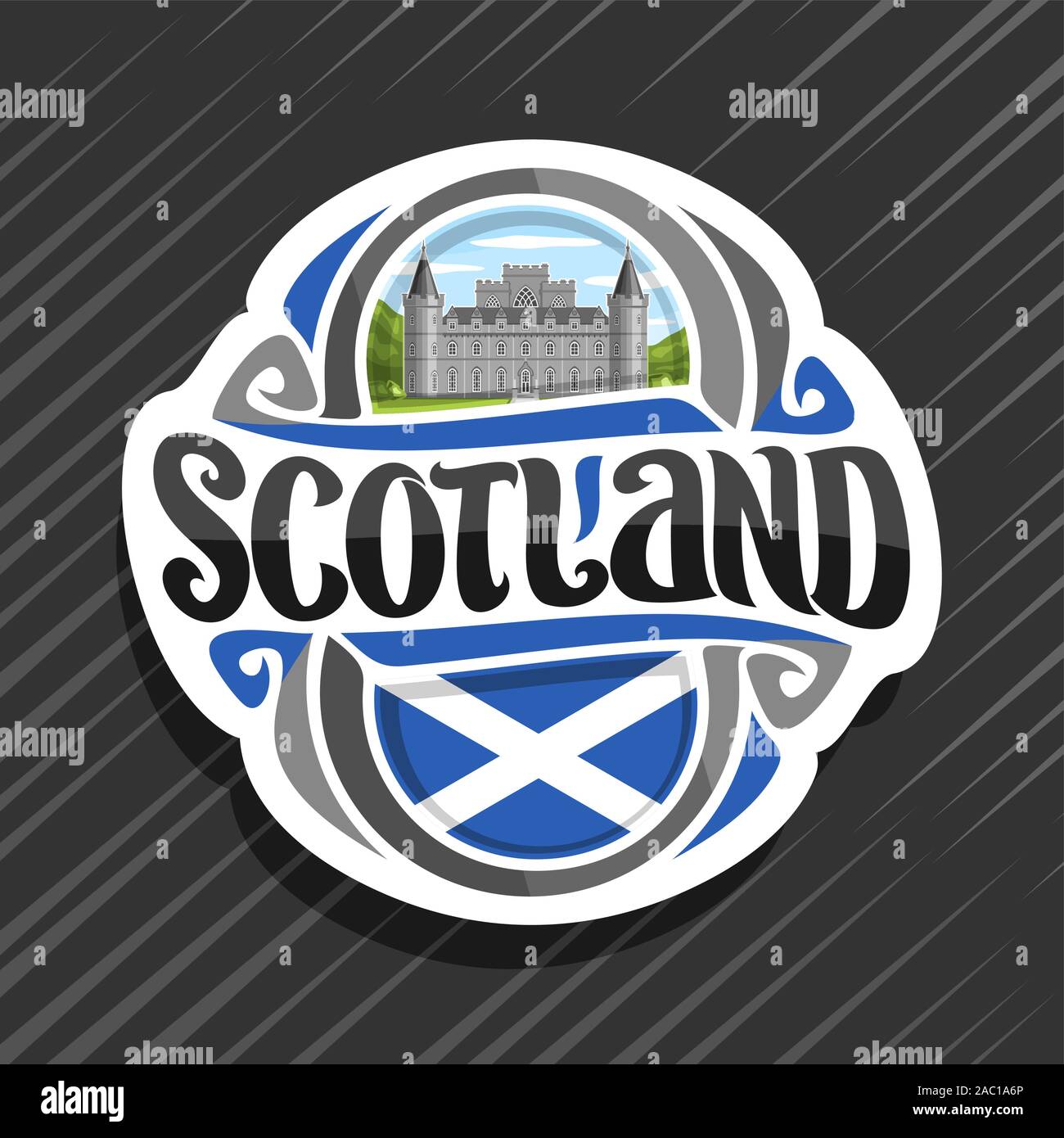 Il logo del vettore per la Scozia, frigo magnete con scottish si intraversa bandiera, spazzola originale carattere tipografico per word in Scozia e nazionale simbolo scozzese - Inveraray Illustrazione Vettoriale