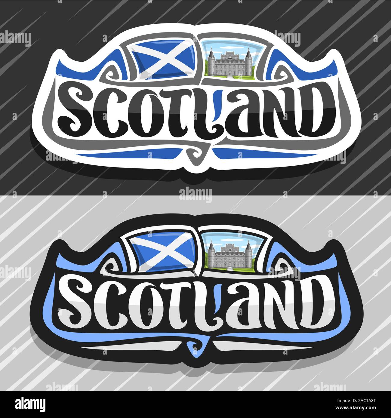 Il logo del vettore per la Scozia, frigo magnete con scottish si intraversa bandiera, spazzola originale carattere tipografico per word in Scozia e nazionale simbolo scozzese - Inveraray Illustrazione Vettoriale