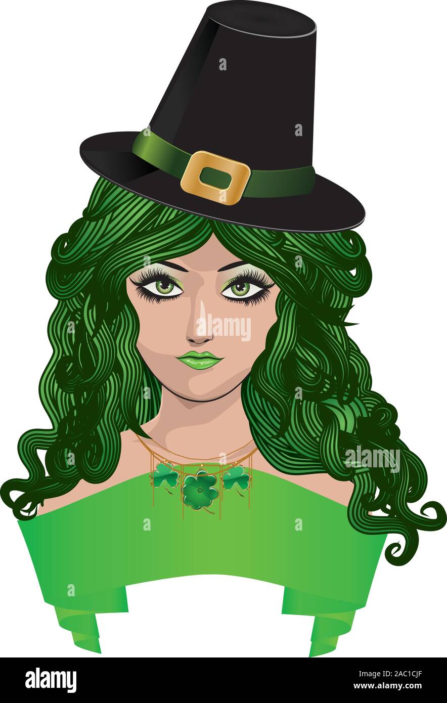 Illustrazione della ragazza con i capelli verdi e black hat, leprechaun ragazza. Illustrazione Vettoriale