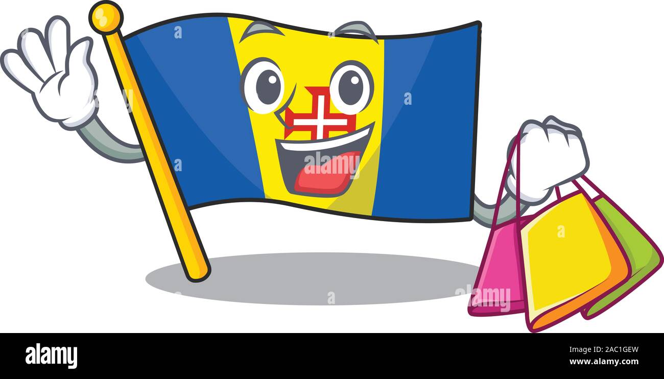 Allegro bandiera madeira personaggio dei fumetti gesticolando e azienda Shopping bag Illustrazione Vettoriale