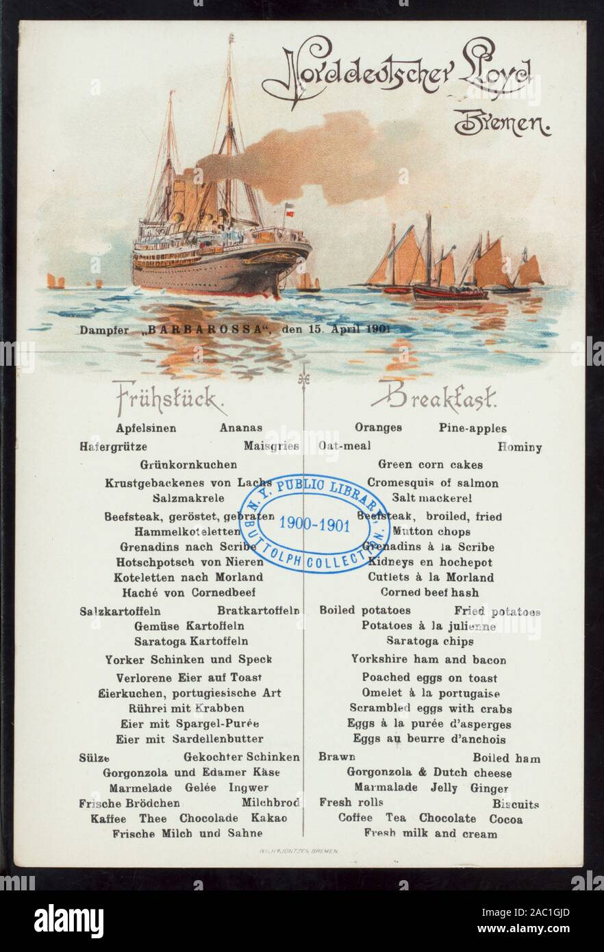 FRUHSTUCK (detenute da) NORDDEUTSCHER LLOYD DI BREMA (a) DAMPFER BARBAROSSA (SS;) Citazione/Riferimento: 1901-0927 tedesco e inglese; illustrazione del piroscafo & barche a vela in mare; FRUHSTUCK [detenute da] NORDDEUTSCHER LLOYD BREMEN [at] DAMPFER BARBAROSSA (SS;) Foto Stock