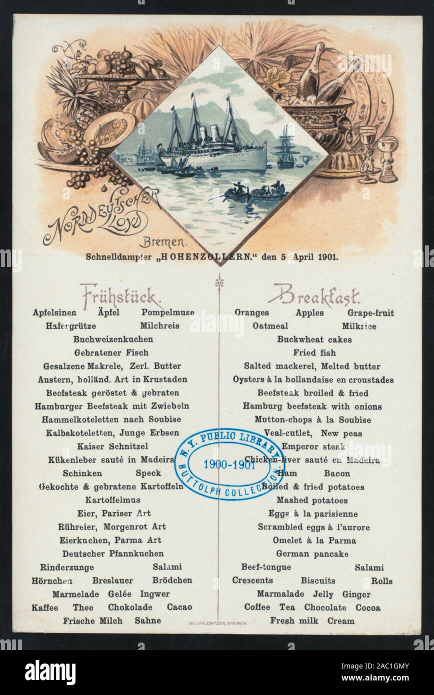 FRUHSTUCK (detenute da) NORDDEUTSCHER LLOYD DI BREMA (a) SCHNELLDAMPFER HOHENZOLLERN (SS;) tedesco e inglese; illustrazione del piroscafo circondata da piccole barche nel porto; champagne nel secchiello del ghiaccio, vassoi di frutta in alto; Citazione/Riferimento: 1901-0842; FRUHSTUCK [detenute da] NORDDEUTSCHER LLOYD BREMEN [at] SCHNELLDAMPFER HOHENZOLLERN (SS;) Foto Stock