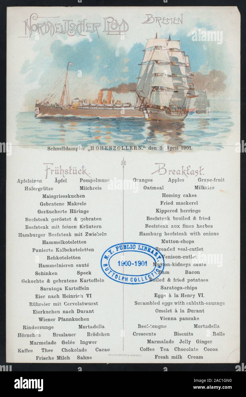 FRUHSTUCK (detenute da) NORDDEUTSCHER LLOYD DI BREMA (a) SCHNELLDAMPFER HOHENZOLLERN (SS;) tedesco e inglese; l'illustrazione delle grandi barche a vela andando per mare, PIROSCAFO IN BACKGROUND; Citazione/Riferimento: 1901-0830; FRUHSTUCK [detenute da] NORDDEUTSCHER LLOYD BREMEN [at] SCHNELLDAMPFER HOHENZOLLERN (SS;) Foto Stock