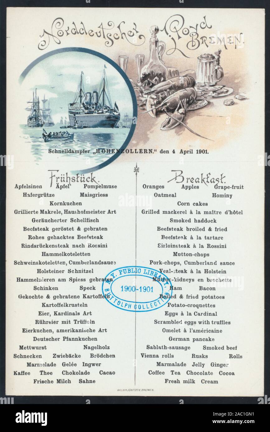 FRUHSTUCK (detenute da) NORDDEUTSCHER LLOYD DI BREMA (a) SCHNELLDAMPFER HOHENZOLLERN (SS;) tedesco e inglese; illustrazione del piroscafo circondato da piccole imbarcazioni; IMPOSTAZIONE TABELLA con aragosta, vino caraffa, il boccale, bicchieri; Citazione/Riferimento: 1901-0834; FRUHSTUCK [detenute da] NORDDEUTSCHER LLOYD BREMEN [at] SCHNELLDAMPFER HOHENZOLLERN (SS;) Foto Stock