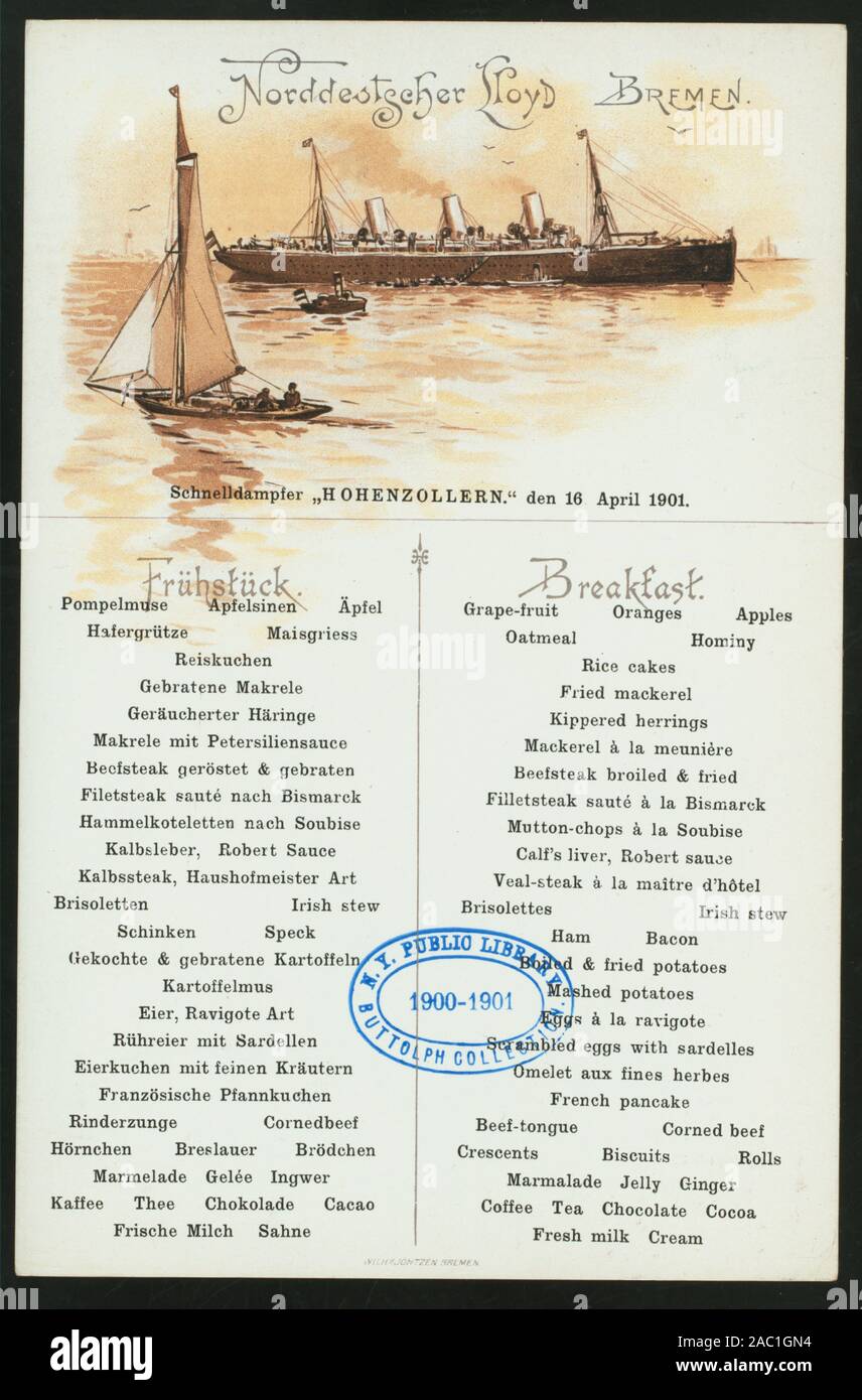 FRUHSTUCK (detenute da) NORDDEUTSCHER LLOYD DI BREMA (a) SCHNELLDAMPFER HOHENZOLLERN (SS;) tedesco e inglese; illustrazione del piroscafo circondato da piccole imbarcazioni in mare Citazione/Riferimento: 1901-0934; FRUHSTUCK [detenute da] NORDDEUTSCHER LLOYD BREMEN [at] SCHNELLDAMPFER HOHENZOLLERN (SS;) Foto Stock