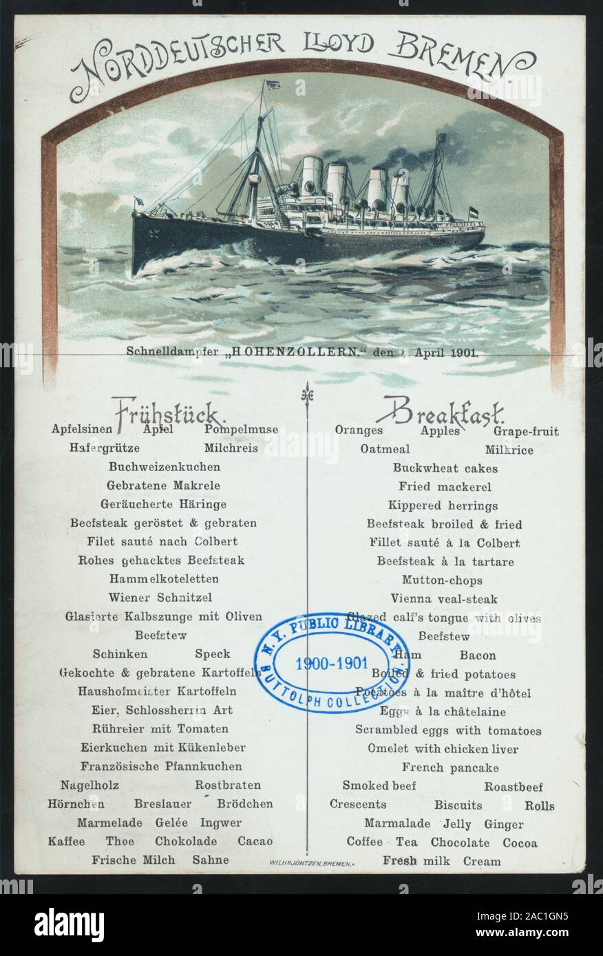 FRUHSTUCK (detenute da) NORDDEUTSCHER LLOYD DI BREMA (a) SCHNELLDAMPFER HOHENZOLLERN (SS;) tedesco e inglese; illustrazione del piroscafo in mare 1901-0811; FRUHSTUCK [detenute da] NORDDEUTSCHER LLOYD BREMEN [at] SCHNELLDAMPFER HOHENZOLLERN (SS;) Foto Stock