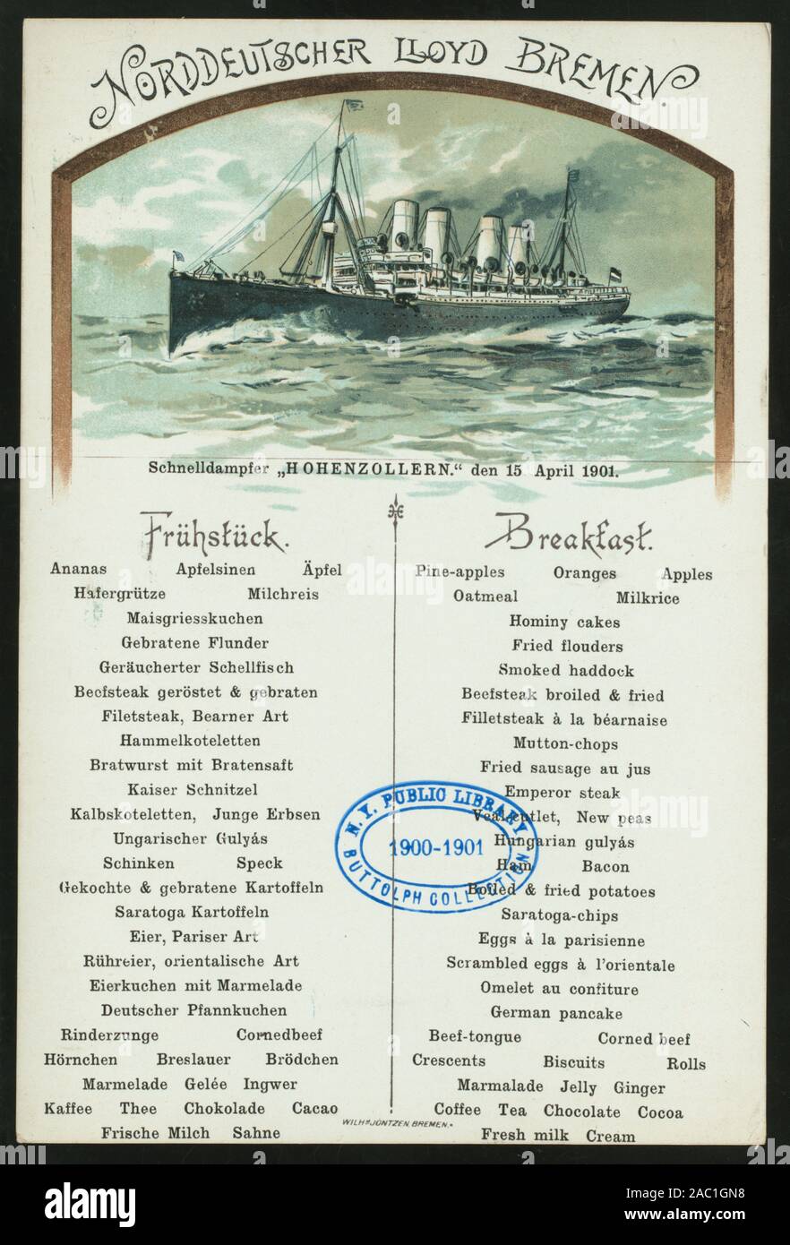 FRUHSTUCK (detenute da) NORDDEUTSCHER LLOYD DI BREMA (a) SCHNELLDAMPFER HOHENZOLLERN (SS;) tedesco e inglese; illustrazione del piroscafo in mare Citazione/Riferimento: 1901-0924; FRUHSTUCK [detenute da] NORDDEUTSCHER LLOYD BREMEN [at] SCHNELLDAMPFER HOHENZOLLERN (SS;) Foto Stock