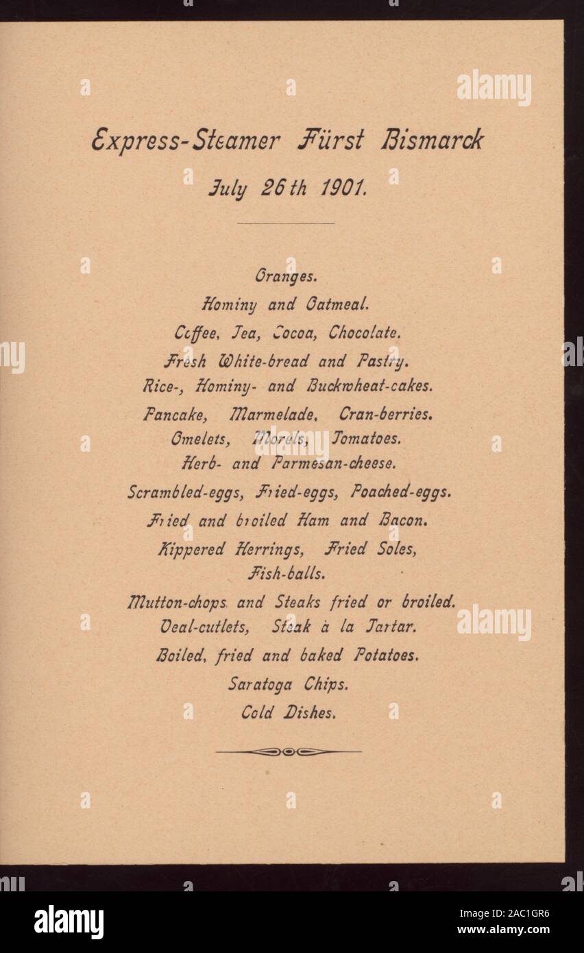 FRUHSTUCK-colazione (detenute da) HAMBURG-AMERIKA LINIE (a) SCHNELLDAMPFER Furst Bismarck (SS;) tedesco e inglese; FRUHSTUCK-colazione [detenute da] HAMBURG-AMERIKA LINIE [at] SCHNELLDAMPFER Furst Bismarck (SS;) Foto Stock