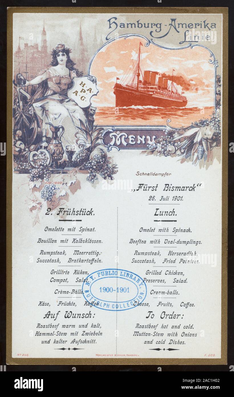 FRUHSTUCK-pranzo (detenute da) HAMBURG-AMERIKA LINIE (a) SCHNELLDAMPFER Furst Bismarck (SS;) tedesco e inglese; piroscafo, DEA, alimenti illustrato;; FRUHSTUCK-Pranzo [detenute da] HAMBURG-AMERIKA LINIE [at] SCHNELLDAMPFER Furst Bismarck (SS;) Foto Stock