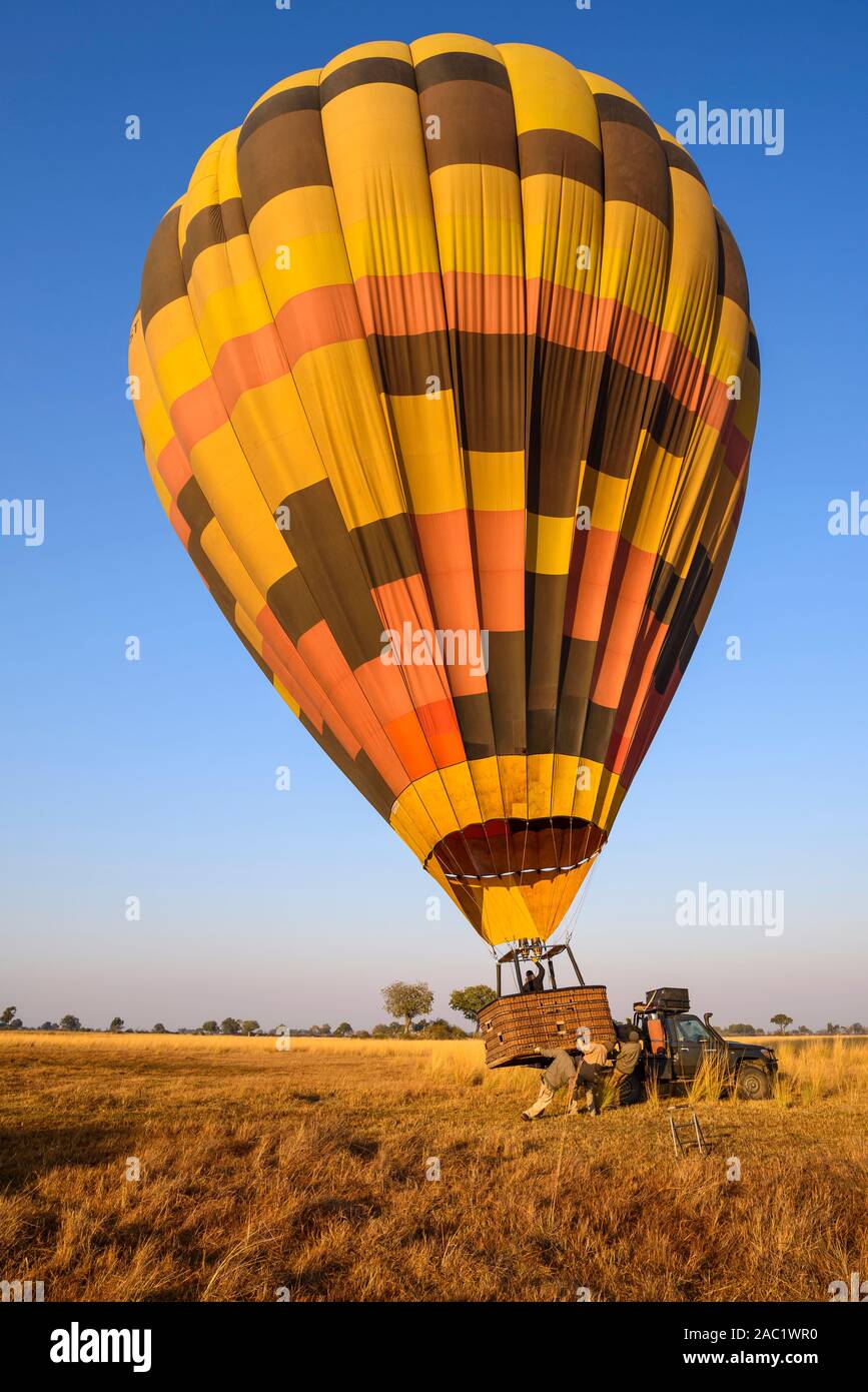 Mongolfiera che viene sollevato sul veicolo di recupero, Bushman Plains, Okavanago Delta, Botswana Foto Stock