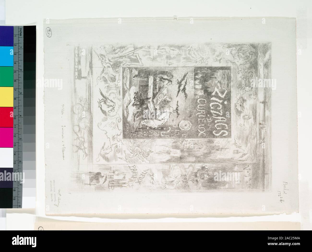 Frontispice pour les zig-zag d'onu curieux, d'Octave Uzanne ammissione è concesso mediante applicazione per l'Ufficio di collezioni speciali. Date da Gustave Bourcard & James Goodfriend, Felix catalogo Buhot descriptif de son oeuvre grave (1979), p. 71, 113. Alcune stampe datata in lastra o a matita, dall'artista. Fa parte di Samuel Putnam Avery collezione. Dono di Samuel Putnam Avery, 1900. Impressioni di B154, B167, B172 e B173 sono state in precedenza la collezione di Frederick Keppel & sono iscritti a lui da parte dell'artista. Aziende controllate in copia dipartimentali di Gustave Bourcard & James Goodfr Foto Stock