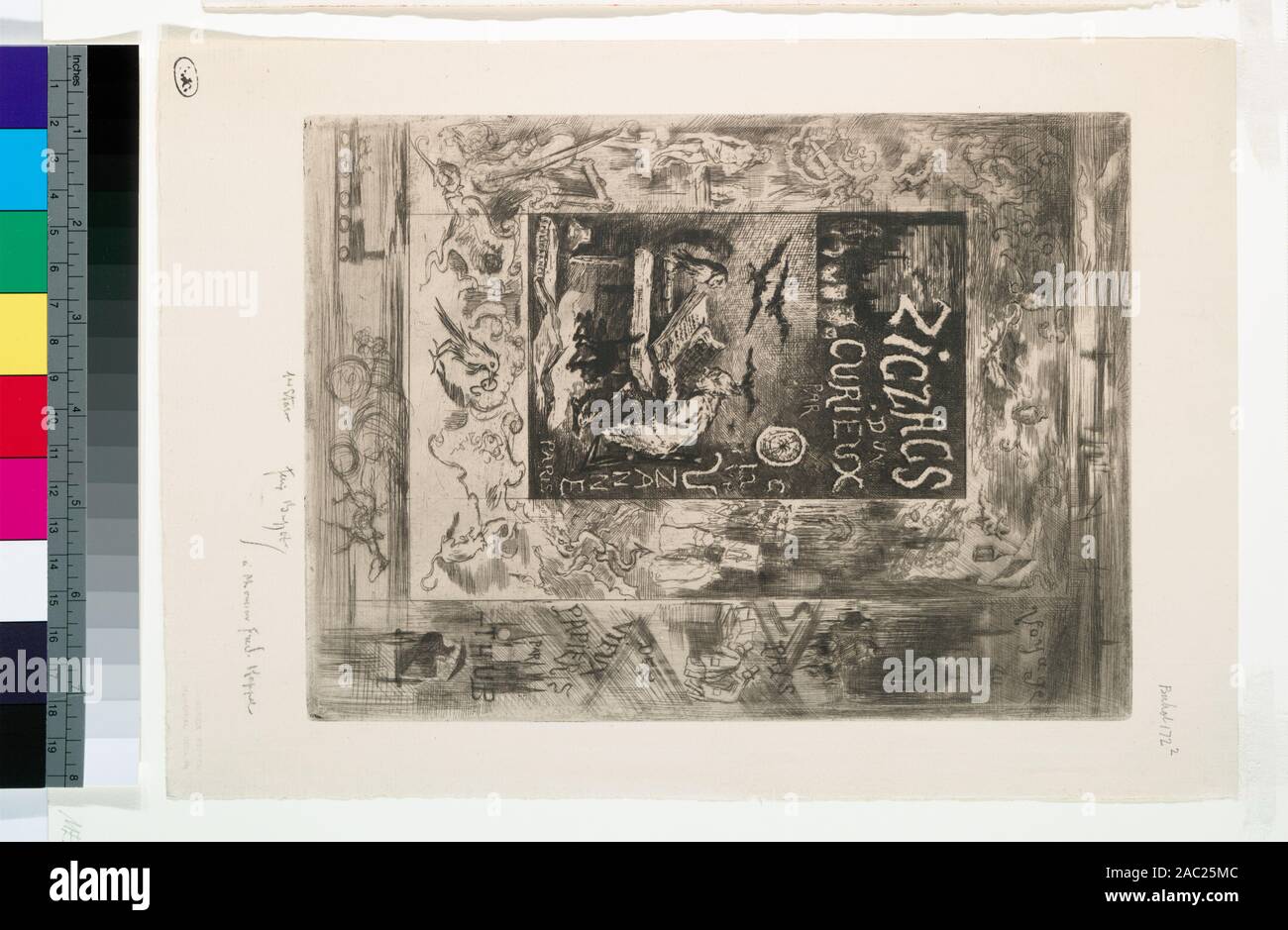 Frontispice pour les zig-zag d'onu curieux, d'Octave Uzanne ammissione è concesso mediante applicazione per l'Ufficio di collezioni speciali. Date da Gustave Bourcard & James Goodfriend, Felix catalogo Buhot descriptif de son oeuvre grave (1979), p. 71, 113. Alcune stampe datata in lastra o a matita, dall'artista. Fa parte di Samuel Putnam Avery collezione. Dono di Samuel Putnam Avery, 1900. Impressioni di B154, B167, B172 e B173 sono state in precedenza la collezione di Frederick Keppel & sono iscritti a lui da parte dell'artista. Aziende controllate in copia dipartimentali di Gustave Bourcard & James Goodfr Foto Stock